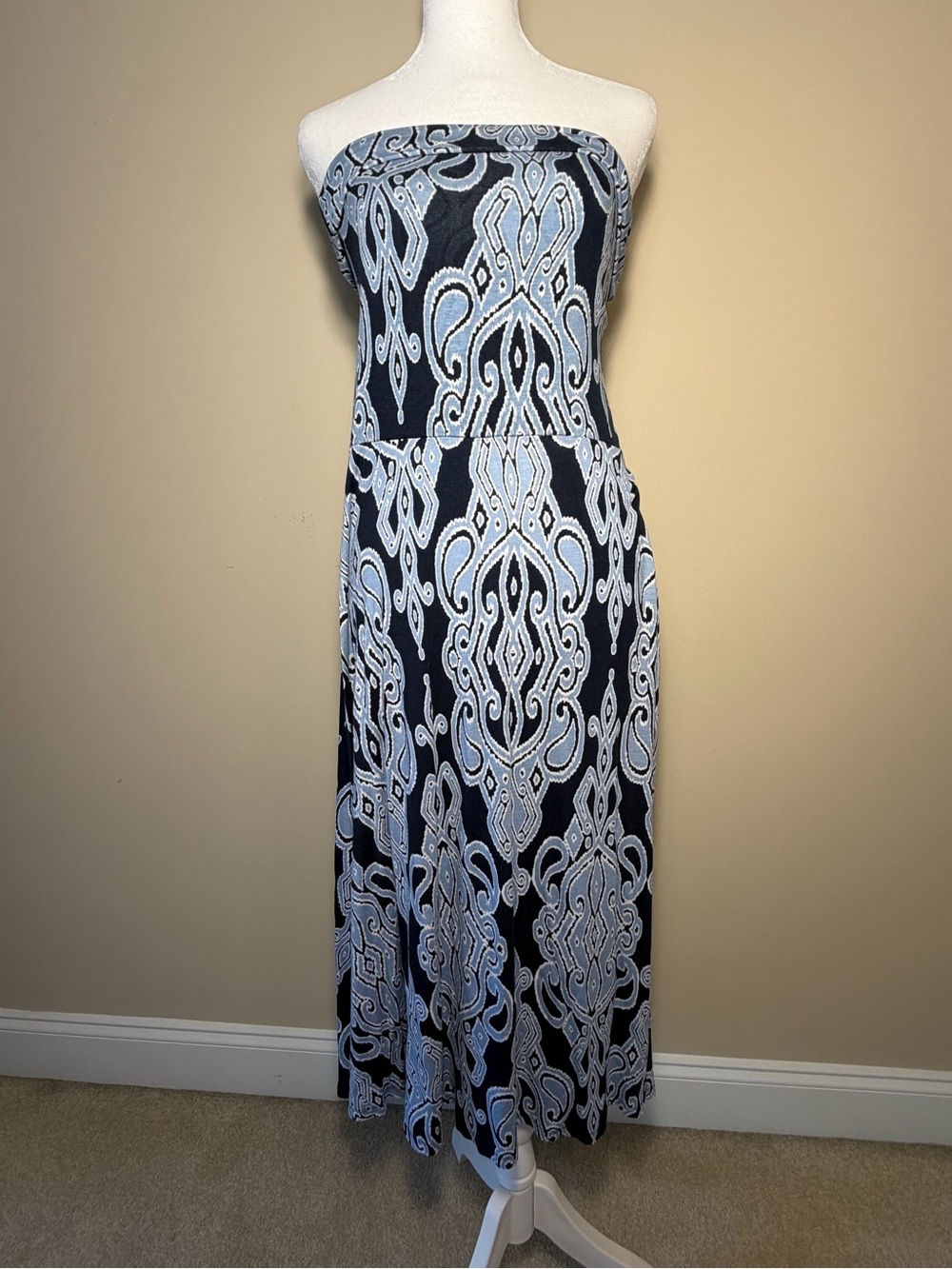INC International Concepts Black Strapless Maxi Dress with Blue Pattern NWOT